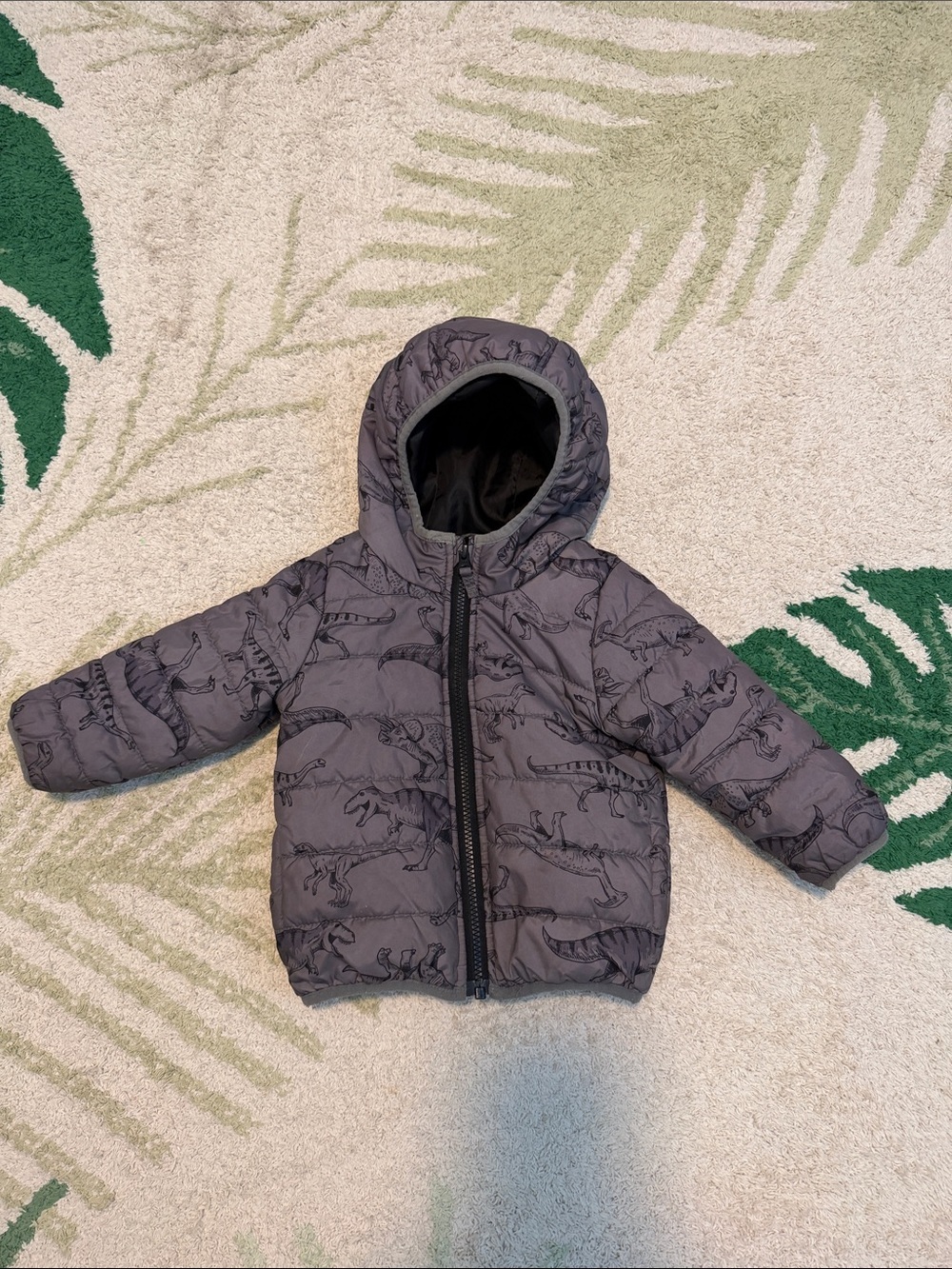 Packable Toddler Quilted Puffer Jacket with Dinosaur Print - Gray